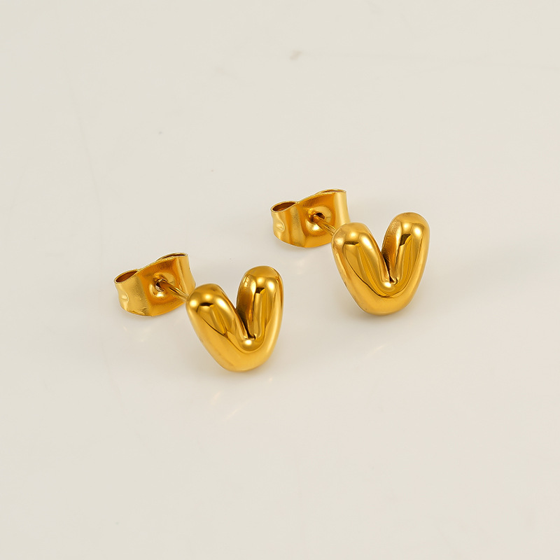 Gold color / 1 Pair Simple Series Elegant Letter V Titanium Steel  Gold Color Women's Stud Earrings Picture22